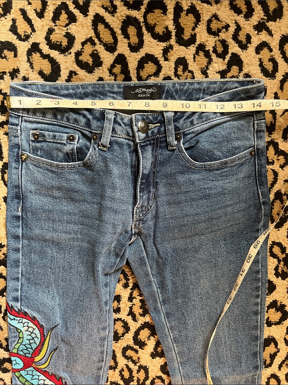 Ed Hardy Blue Denim Flare Jeans with Red Logo & Embroidered Dragon - Picture 3 of 11